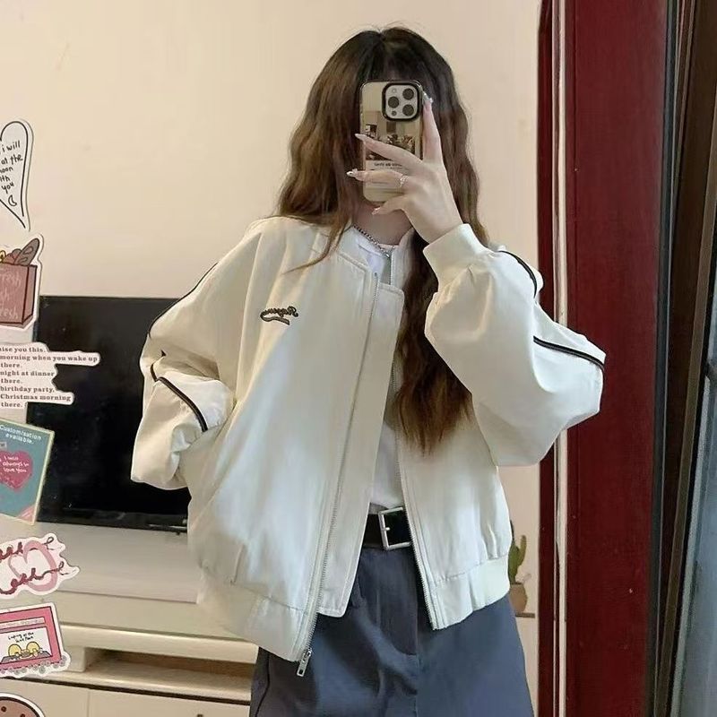 春秋新款棒球服外套女美式复古宽松百搭休闲短款小个子夹克上衣潮|undefined