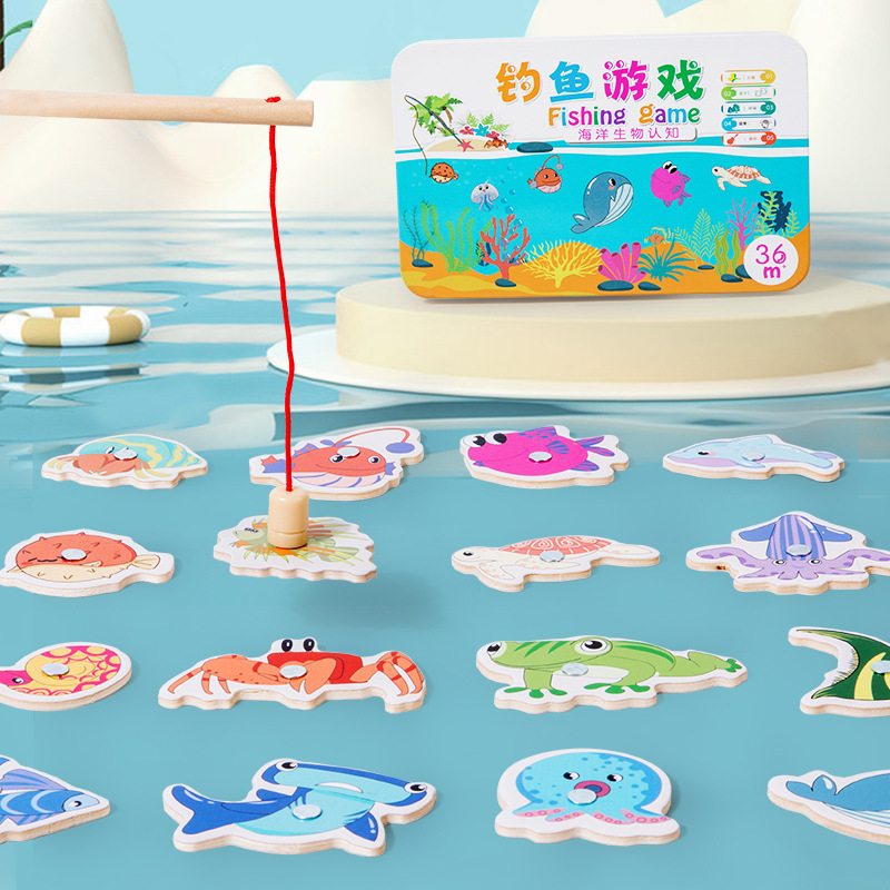 Wooden magnetic fishing toy—direct source supply for kids, an educational hands-on game with realistic design, packaged in a stylish iron box for babies.