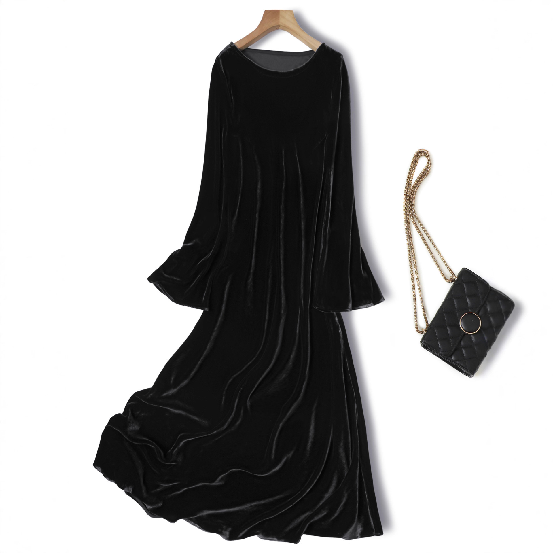 Bias-Cut Dress, Light Luxury Black French Silk Velvet Long-Sleeved One-Line Collar Dress, High-End Goddess Style Autumn New