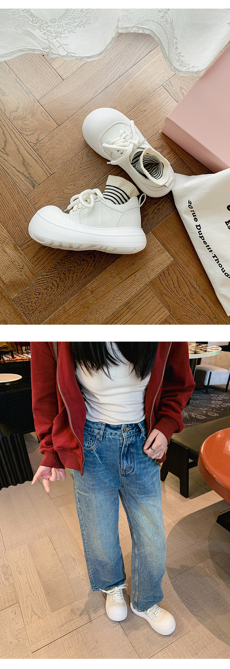 Giày sneaker nữ đế dày chunky mũi to phong cách bánh mì dây buộc tăng chiều cao — màu đen, màu hồng, màu trắng chi tiết 25