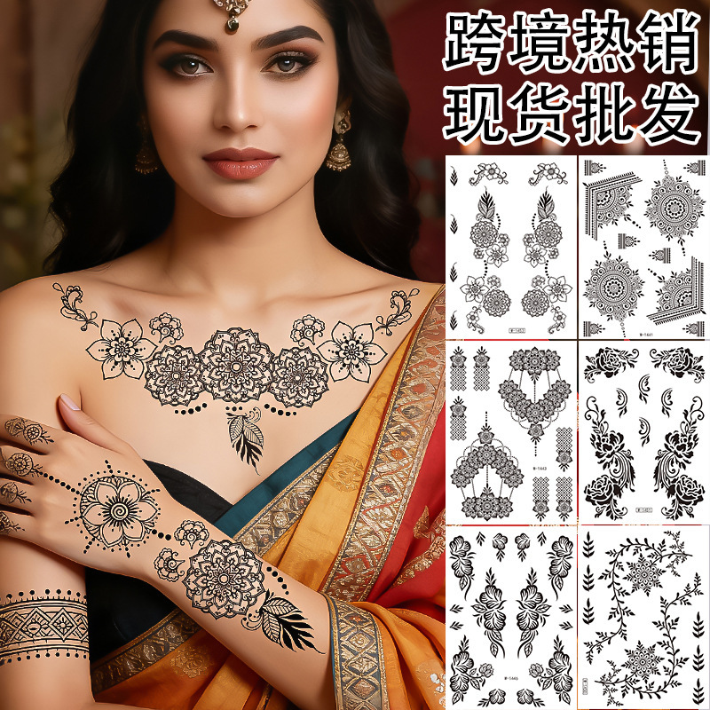 Cross-Border New Style Henna Tattoo Stickers Waterproof Black Lace Henna Temporary Tattoo Indian Middle Eastern Wedding Tattoo Cross-Border New Style Henna Tattoo Stickers Waterproof Black Lace Henna Temporary Tattoo Indian Middle Eastern Wedding Tattoo