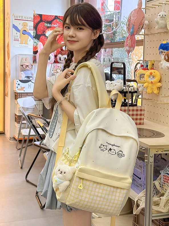 新款高颜值清新甜美格子可爱小猫女背包初高中生轻便大容量双肩包|undefined