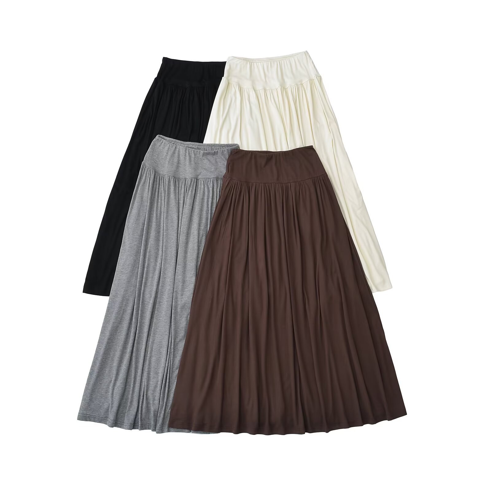 Retro Elastic Waist Splicing Skirt for Women, Pleated and Drapey, Large Hem, Knee-Length Pleated Elegant Commuter Long Skirt