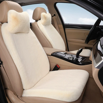 Seat cushion, seat cover of Ready-Made Thickened Rabbit Fur Car - beige-1-single-seat-1-backrest-1-neck-pillow-thick-plush