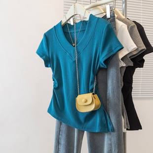Peacock Blue V Neck Right Shoulder Short-Sleeved T-Shirt for Women 2025 New Summer Large Size Fat mm Waist Asymmetrical Giant Belly-Covering Top