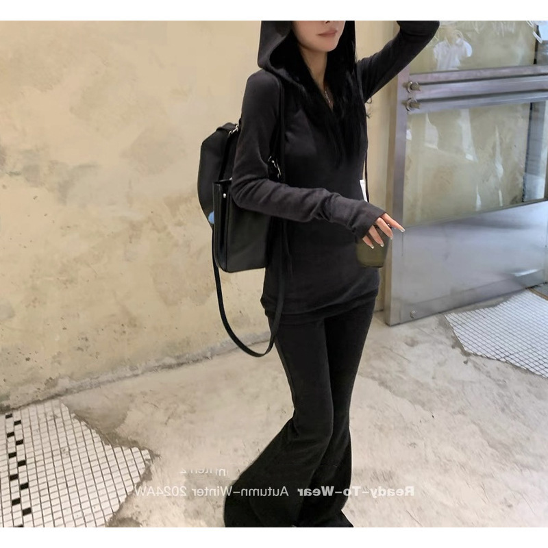 SUN11 Knitted Casual suit Women's Autumn Hooded Pullover Sweater Slight Slim Flared Pants Two-piece Set SUN11 Knitted Casual suit Women's Autumn Hooded Pullover Sweater Slight Slim Flared Pants Two-piece Set