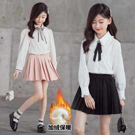 女童白衬衫礼服黑裙学院风短裙套装中大童半身裙长袖白色衬衣加绒