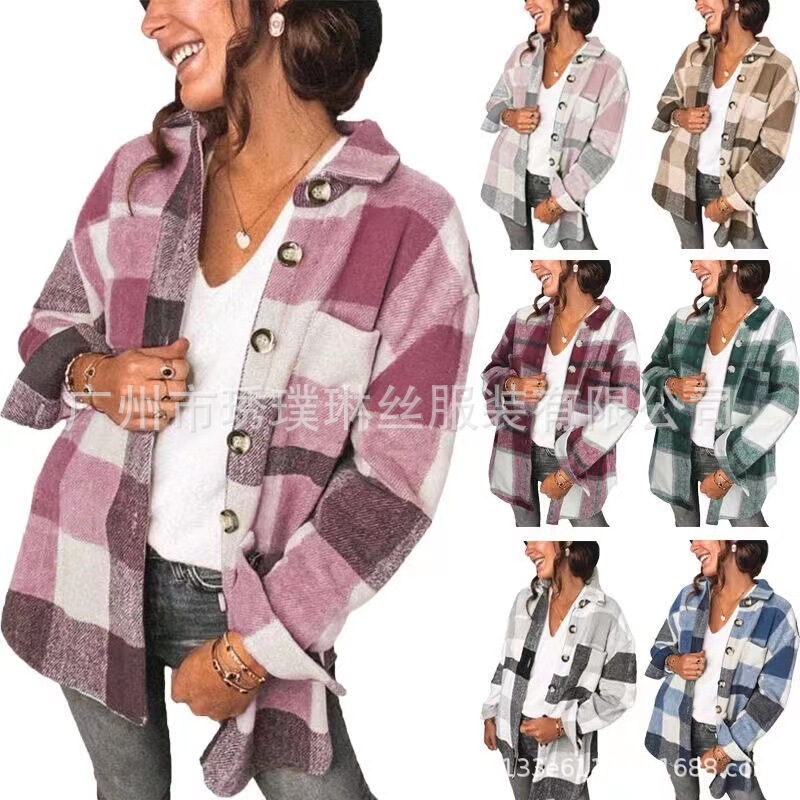 2024 Amazon European and American Export Autumn and Winter Women's Long-Sleeved Plaid Shirt Flannel Lapel Button Woolen Outwear 2024 Amazon European and American Export Autumn and Winter Women's Long-Sleeved Plaid Shirt Flannel Lapel Button Woolen Outwear