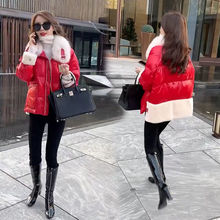 網紅同款紅色方領羽絨棉服女2021冬季寬松帶毛領長袖拉鏈超厚外套