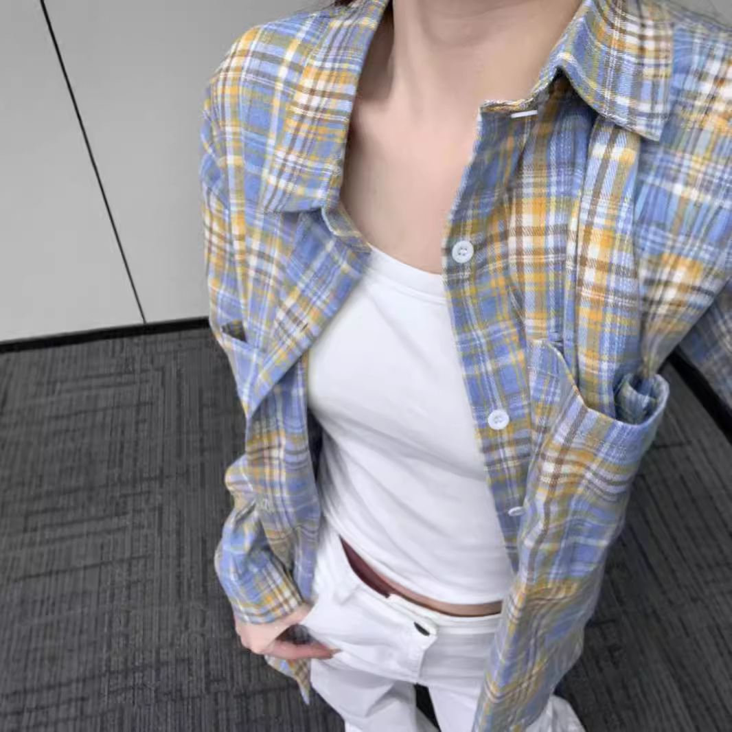 원래 품질 연습 (두 포켓) 도파민 달콤한 우유 노란색 순수한 면 격자 무늬 셔츠 코트 여성