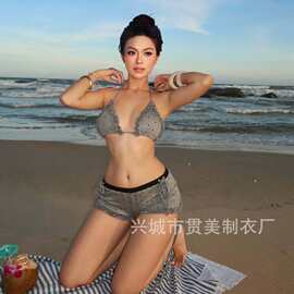 纯欲少女风木耳边波点比基尼木耳边性感挂脖低腰抽绳泳裤分体泳衣