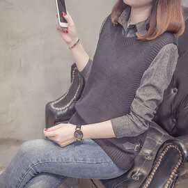 【羊羊世家】假两件上衣女长袖针织衫马甲衬衫薄款毛衣打底衫春秋