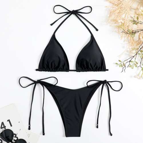 Nylon plain split suspender women's sexy triangle bikini AliExpress Amazon new multi-color swimsuit