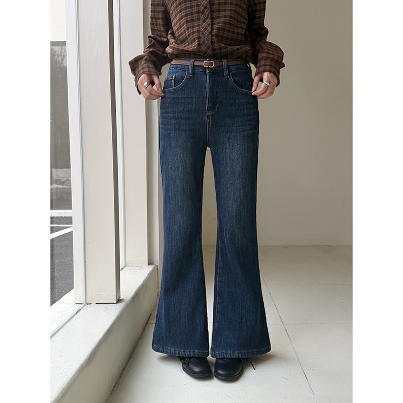 【小个子微喇2.0】歌铭加绒微喇牛仔裤女冬季韩系通勤阔腿裤J800C