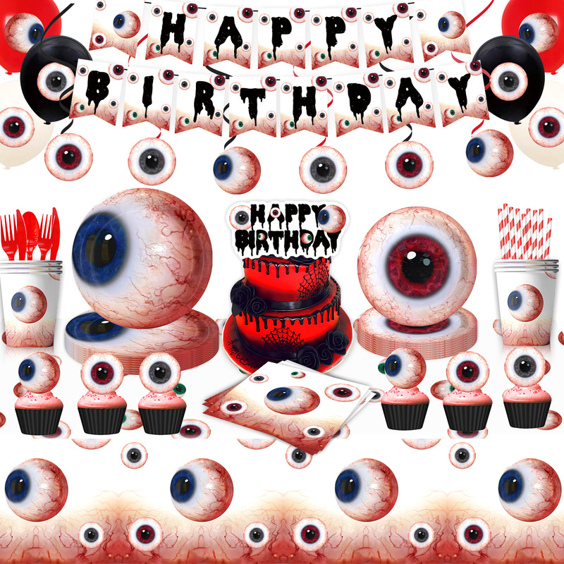 Cross-Border Halloween Horror Eyeball Themed Party Tableware Supplies Disposable Knives, Forks, Spoons, Paper Plates, Paper Towels, Tablecloths