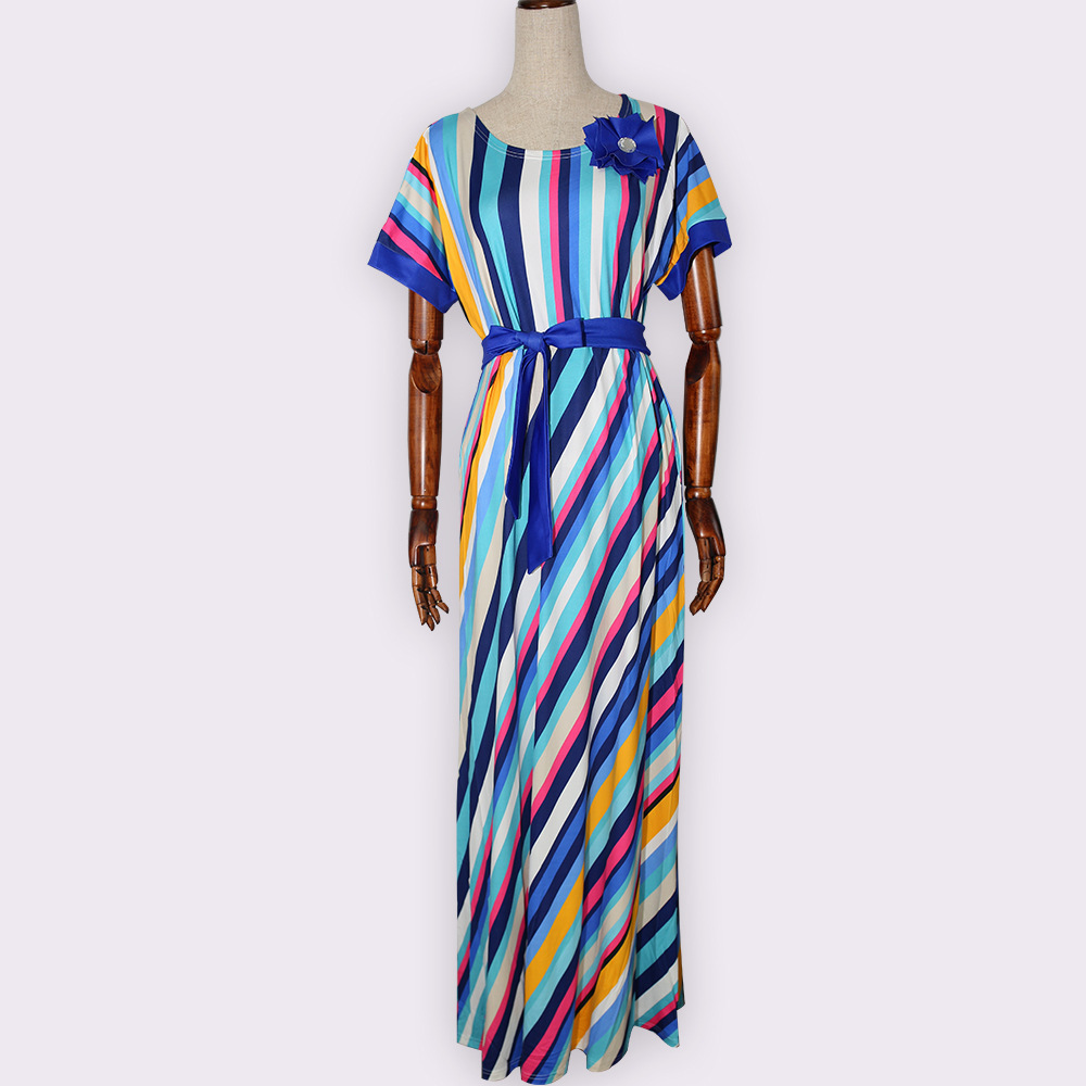Cross-border source AliExpress Amazon color striped belt * chest flower African large size women's dress