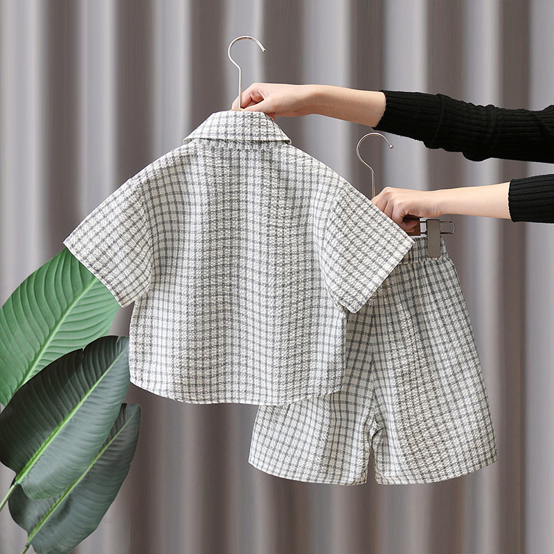 7178 Traje de camisa a cuadros para niños Vestido de verano delgado de manga corta y guapo 2025 Nuevo traje de verano para niños Verano de dos piezas