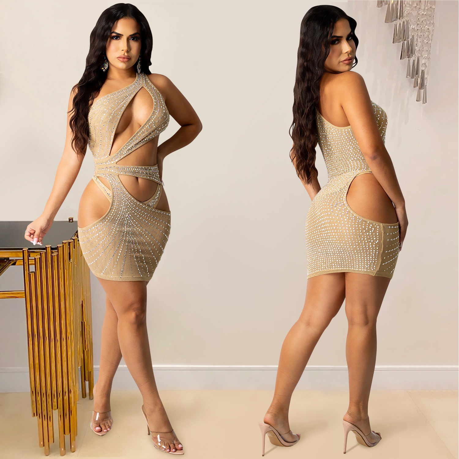 X5283 transfronterizo europeo y americano nuevo club nocturno sexy color sólido ropa de mujer rhinestone malla hombro hueco falda vestido
