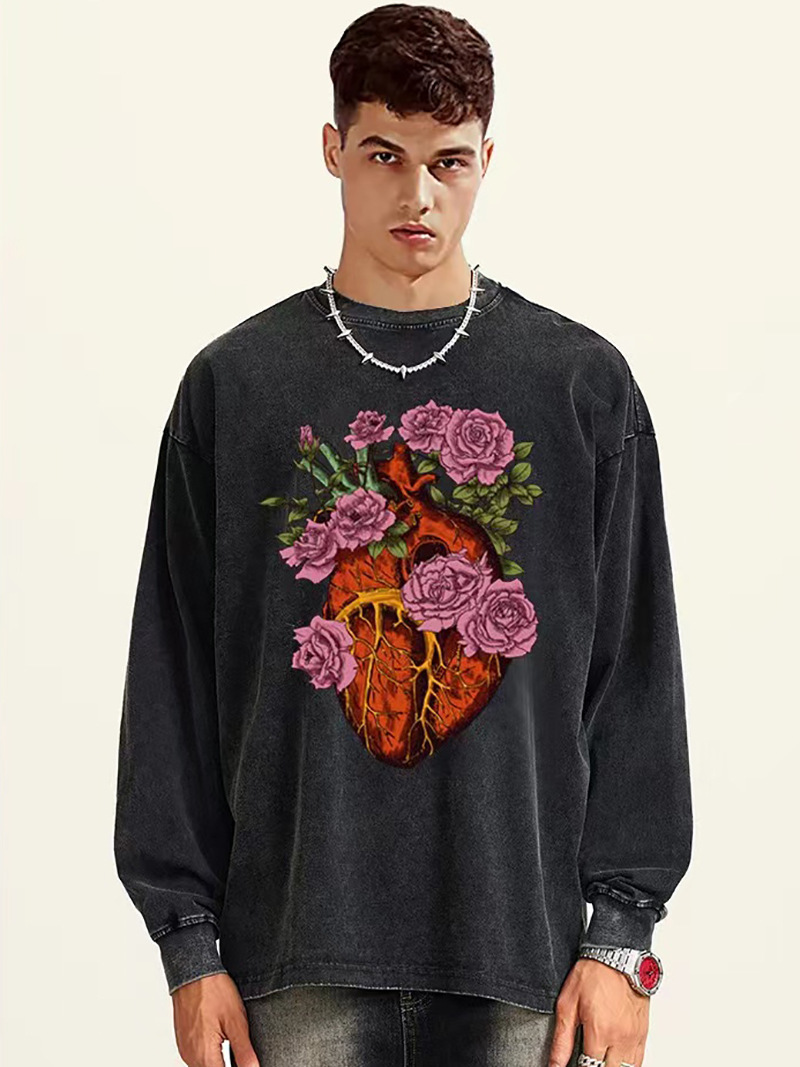 Camiseta de manga larga impresa de marca de alta calle oscura, camiseta para hombres, camiseta de base de pareja suelta de tamaño grande