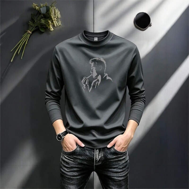 Autumn fashion pure cotton long-sleeve men's T-shirt 2026 new style trendy printed round-neck base shirt men's T-shirt Autumn fashion pure cotton long-sleeve men's T-shirt 2026 new style trendy printed round-neck base shirt men's T-shirt