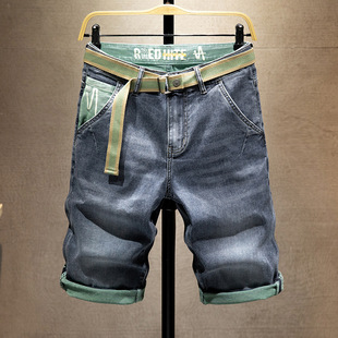 2025 Summer Lightweight Denim Shorts Men's Trendy Patchwork Printed Knee-Length Shorts with Stretch Diagonal Pockets and Soft Cotton Mid-Length Shorts