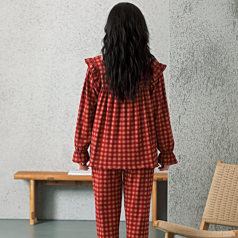 봄과 가을 새로운 격자 무늬 면 파자마 긴팔 바지 여성용 코튼 벨트 가슴 패드 겉옷 플러스 사이즈 홈 옷