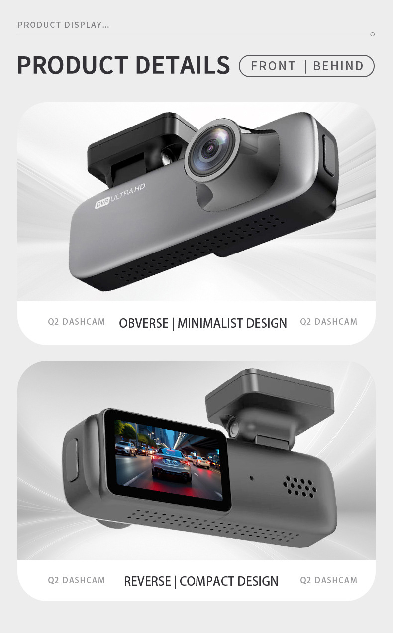 2K+1K Front and Rear Dual Recording Hidden Dash Cam 1.47inch Car-Mounted Dual-Lens Wifi Recorder