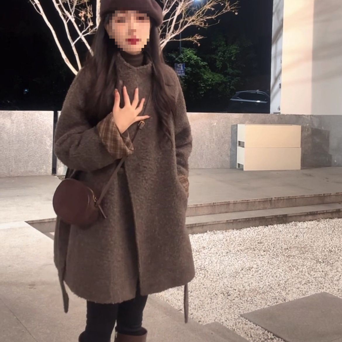 韩版宽松显瘦撞色格子系带毛呢外套女冬季新款立领中长款呢子大衣