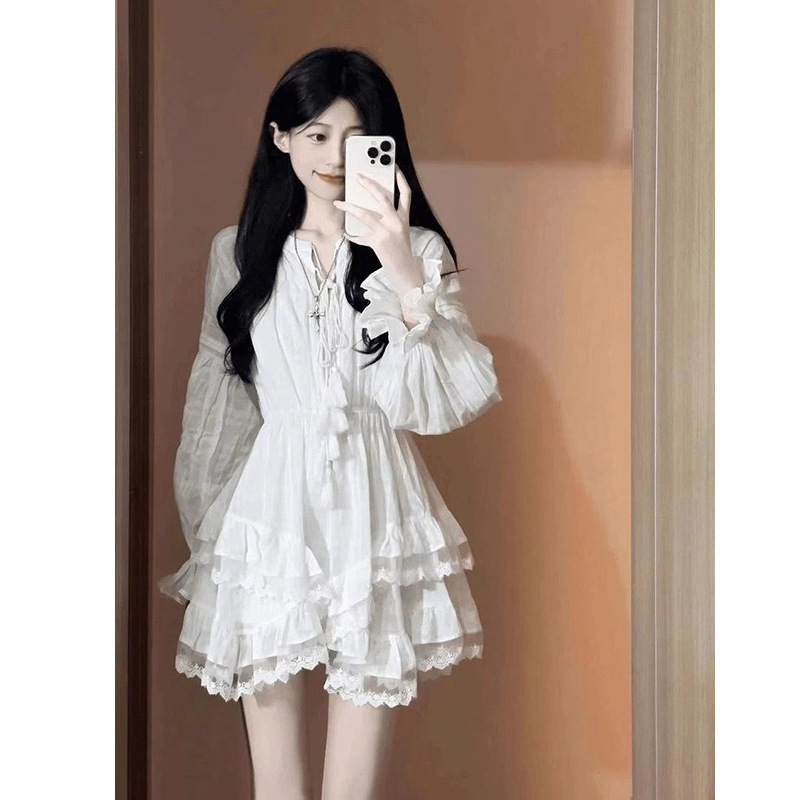 First Love Complex White Textured Elegant Dress for Women with Irregular National Day Travel Fairy Cake Skirt