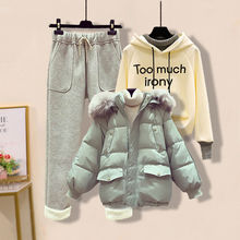 冬季女装新款套装三件套女加厚连帽棉服外套+假两件卫衣+毛呢裤子