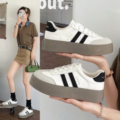 厚底板鞋女2025秋季新款皮面防滑增高小白鞋系带休闲女鞋3320