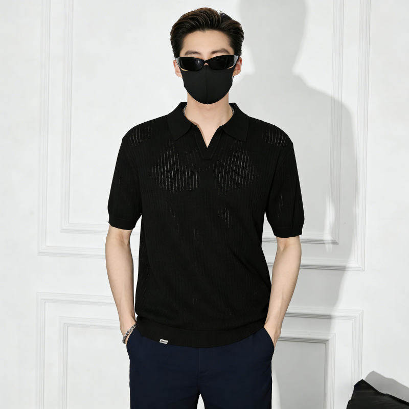 Camisas de polo de manga corta de estilo antiguo, camisetas de punto de cuello en V de hombre, camisetas de textura hueca de gaviota, fábrica de verano al por mayor.