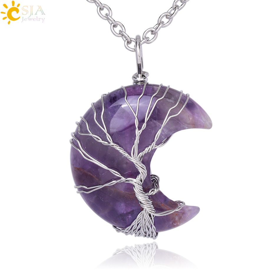 Natural crystal pendant necklace moon sh...