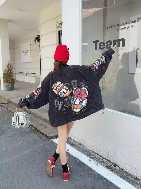 欧货2025秋季款宽松中长大版拼色贴布卡通图案棒球服夹克外套女|undefined