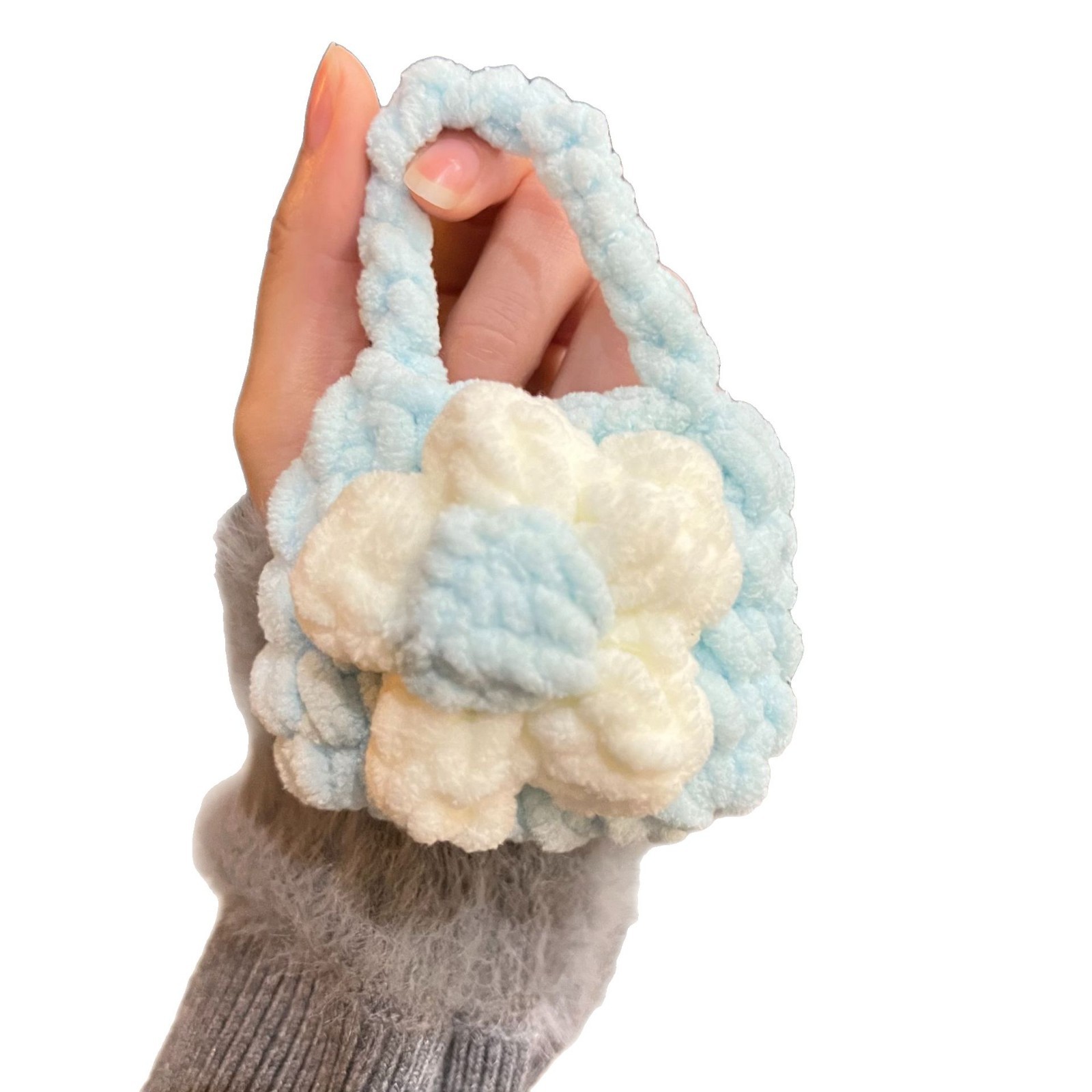 gancho tejido acabado flor joyería bolsas de llaves lana trenzada cubierta de auriculares bolsa de auriculares de almacenamiento Bluetooth