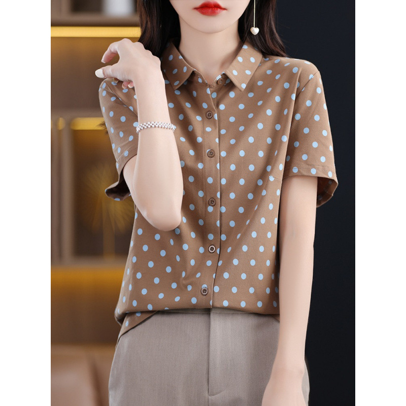 2026 Summer New Style Pure Cotton Polka Dot Shirt for Women, Polo Collar Short-Sleeved Shirt, Versatile Slimming Base Top