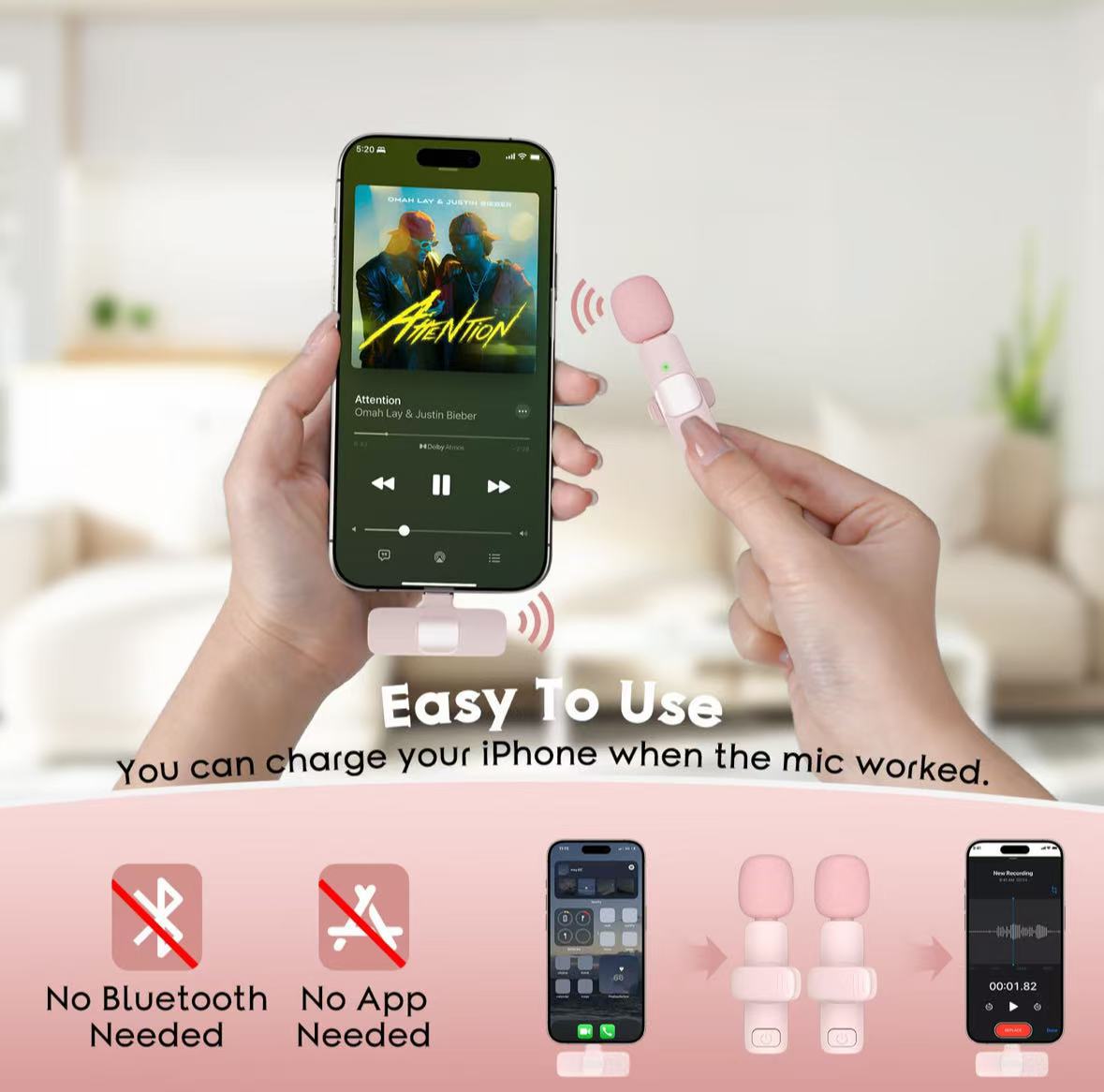 K1 wireless lavalier microphone, pink, noise reduction and reverb