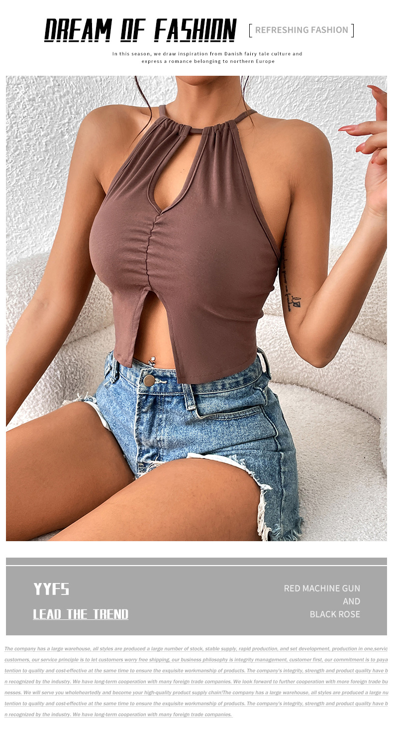 Solid Color Hollow Hot Girl Sexy Tight Halterneck Camisole T-Shirts_voghion.com
