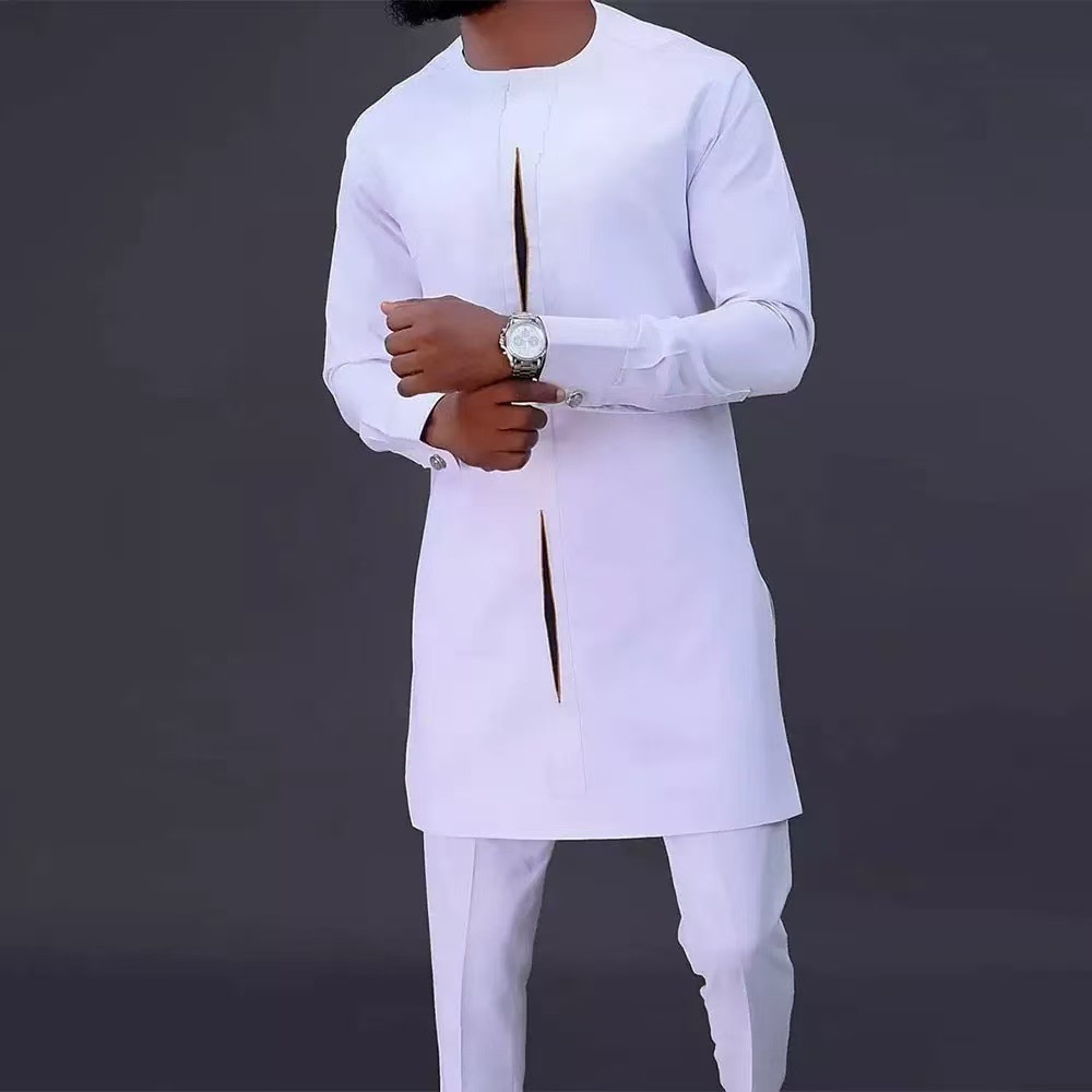 Men's Traditional Clothing Set, 2-Piece Ethnic Style Solid Color Round Neck Long-Sleeved Top and Pants Set.