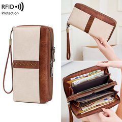 クロスボーダー新 RFID レディース財布ダブルジッパーコントラストカラー長財布ヨーロッパとアメリカのレトロな大容量メンズクラッチバッグ