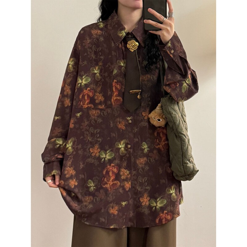 2026 Spring and Autumn High-End American Retro Floral Full-Print Loose Casual Long-Sleeve Tie Shirt Women's Top 2026 Spring and Autumn High-End American Retro Floral Full-Print Loose Casual Long-Sleeve Tie Shirt Women's Top