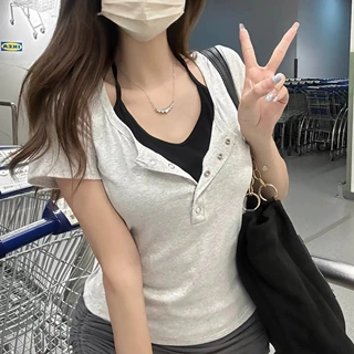纽扣假两件短袖T恤女夏季修身撞色上衣辣妹风正肩不规则下摆上衣