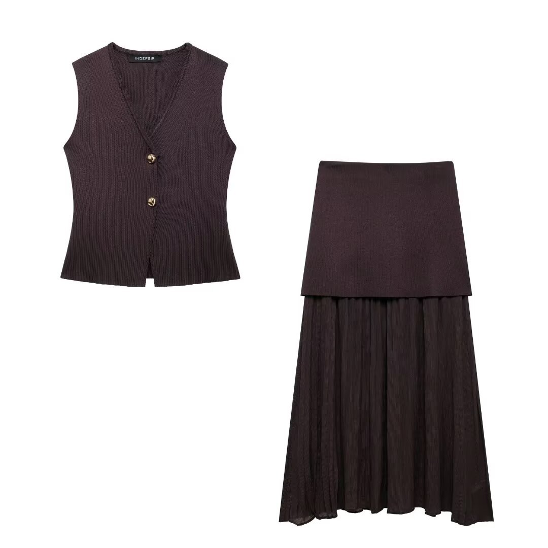 European American Style Button-decorated Knitted Autumn New Versatile Slim-fit Sleeveless Vest And Skirt Set For Women_ecoleips.com