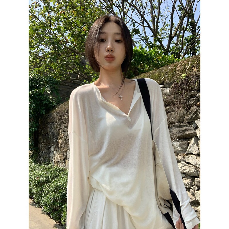 Sunshine Velvet 2025 New Original Fabric See-Through Thin V-Neck Long-Sleeved T-Shirt Women's Spring Loose Casual Sun Protection Cover