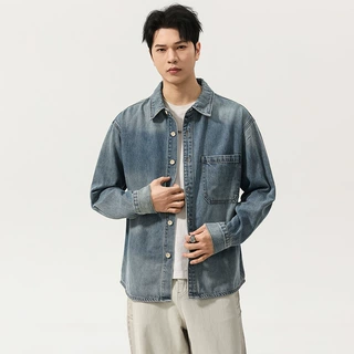 美式复古水洗做旧牛仔衬衫男士2026春季新款宽松大码长袖休闲衬衣