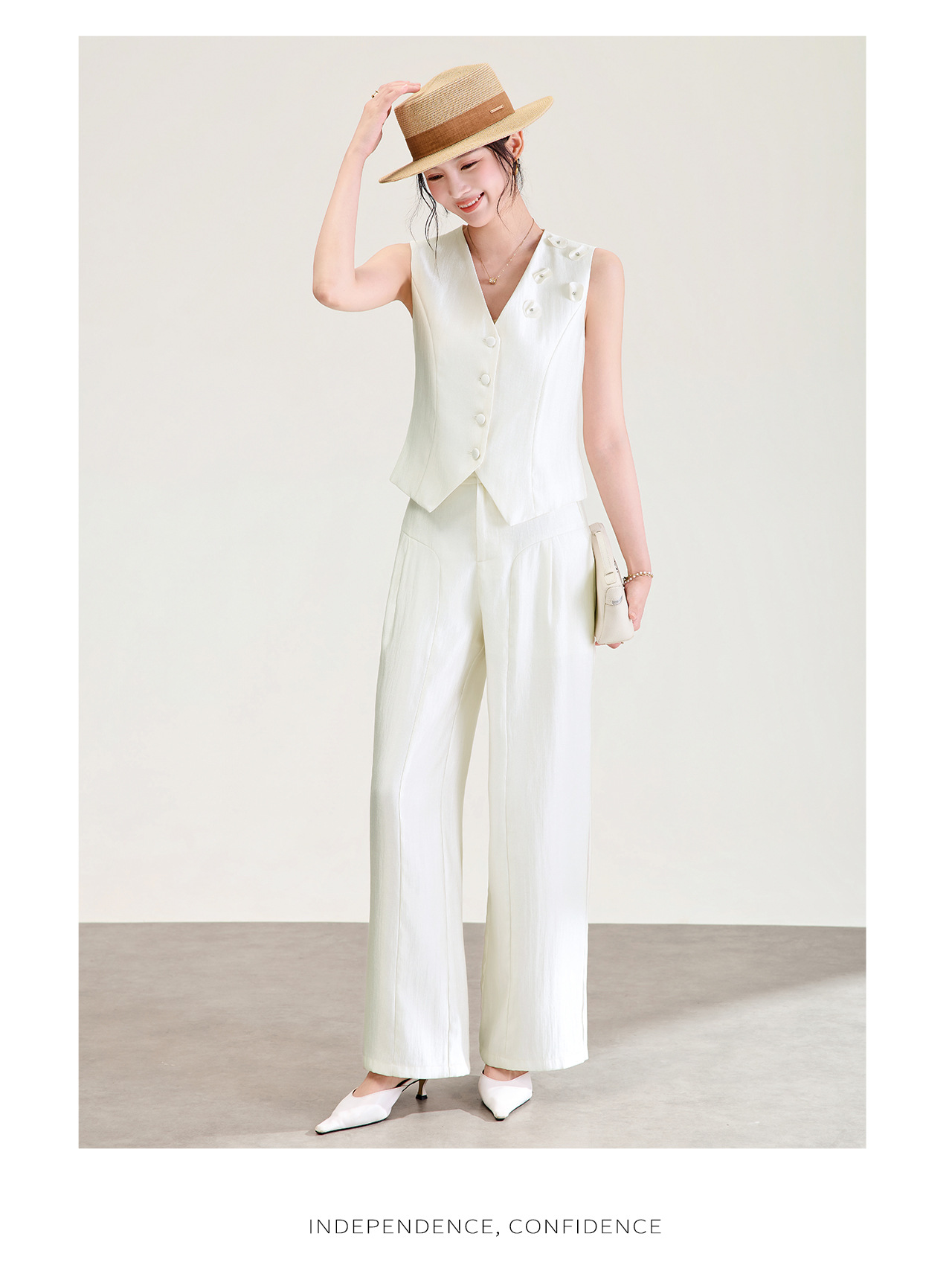 Bộ áo gile và quần ống rộng nữ phối vải linen pha tencel mát mẻ — Màu cà phê chi tiết 19