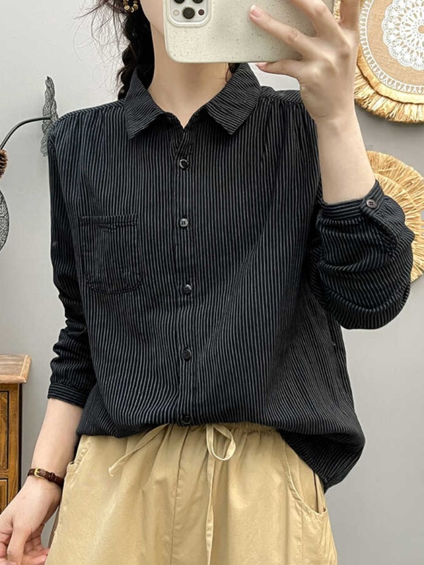 2025春秋款复古文艺范棉纱衬衫女士宽松显瘦竖条纹长袖打底衬衣|undefined