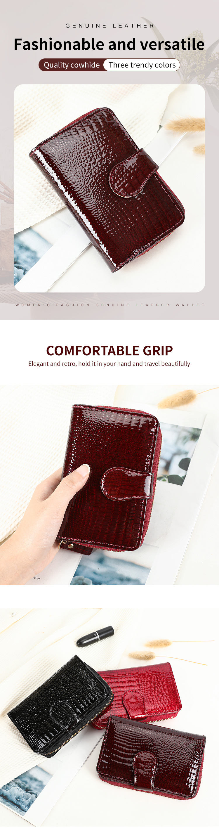 Ví cầm tay nữ da sáng chế cao cấp, sức chứa lớn, phong cách thời trang — Rượu vang đỏ, màu đỏ, màu đen chi tiết 1