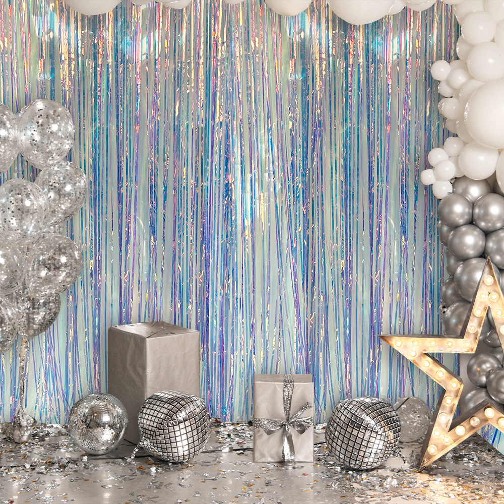 Transfronterizos Amazonas fiesta decoración de fondo de seda lluvia colorido oro cortina de seda lluvia diseño de lugar de boda de cumpleaños