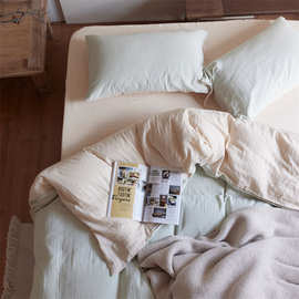 A类双层纱四件套全棉纯棉裸睡床单被套日式简约纯色床上用品1.5米